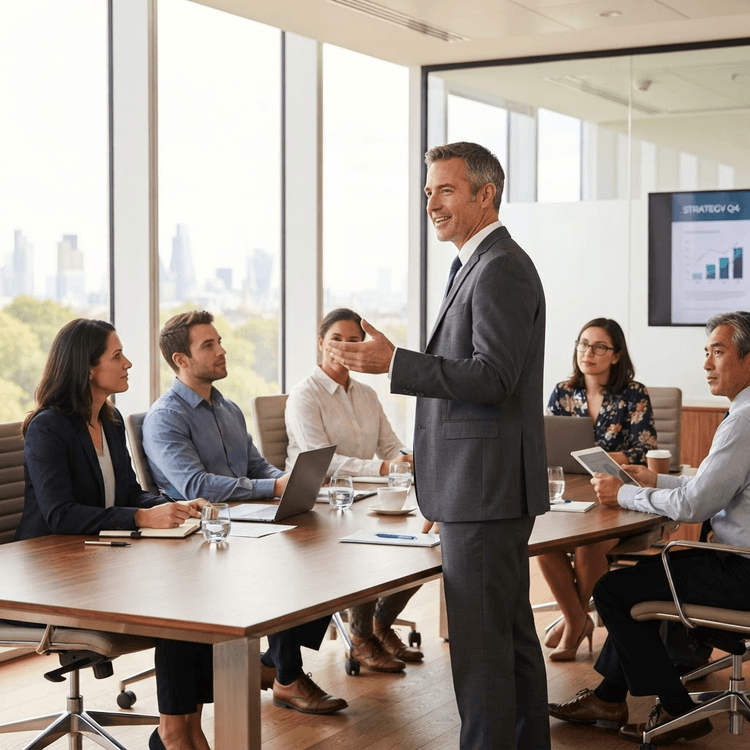 Founder leading a boardroom meeting with the team