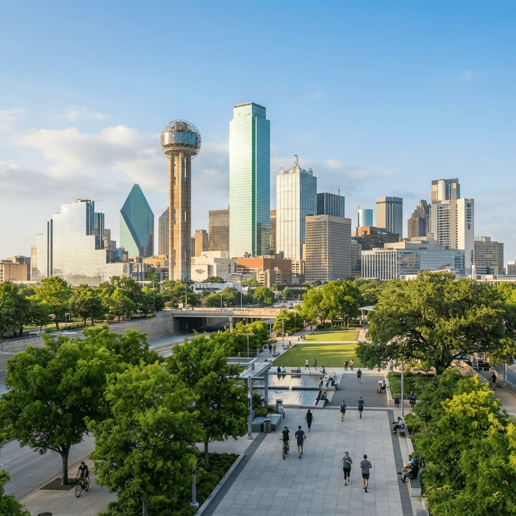Dallas-Fort Worth skyline on a bright sunny morning